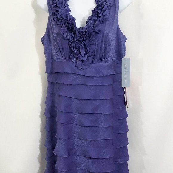 London Times Sheath Dress Size 10 Ruffle Trim Tiered Purple V Neck - Picture 4 of 8